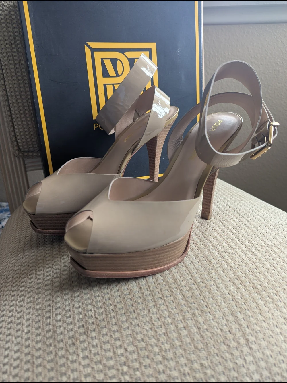 Pour La Victoire Beige Patent Platform Sandal with Ankle Strap